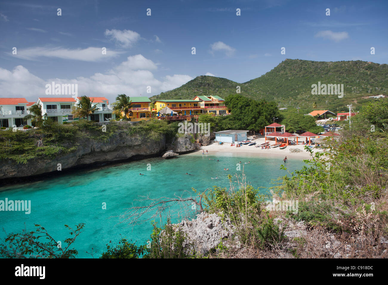 Curacao, Caribbean island, independent from the Netherlands since 2010. Playa Lagun. Holiday houses and beach. Stock Photo