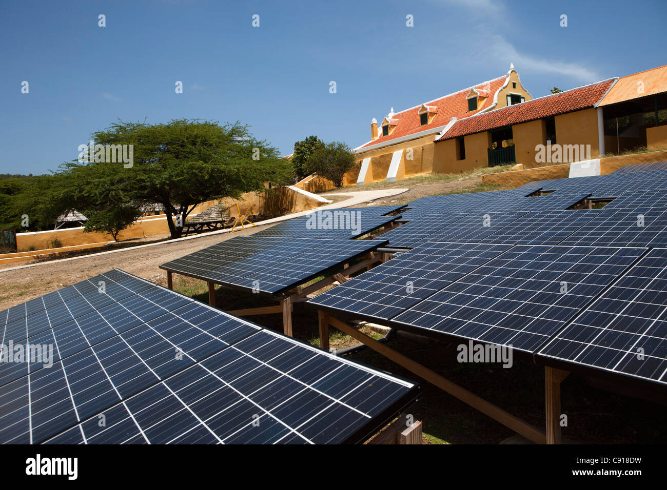 Curacao, Caribbean island, independent from the Netherlands since 2010. WestPoint. Carmabi Park. Solar panels. Stock Photo