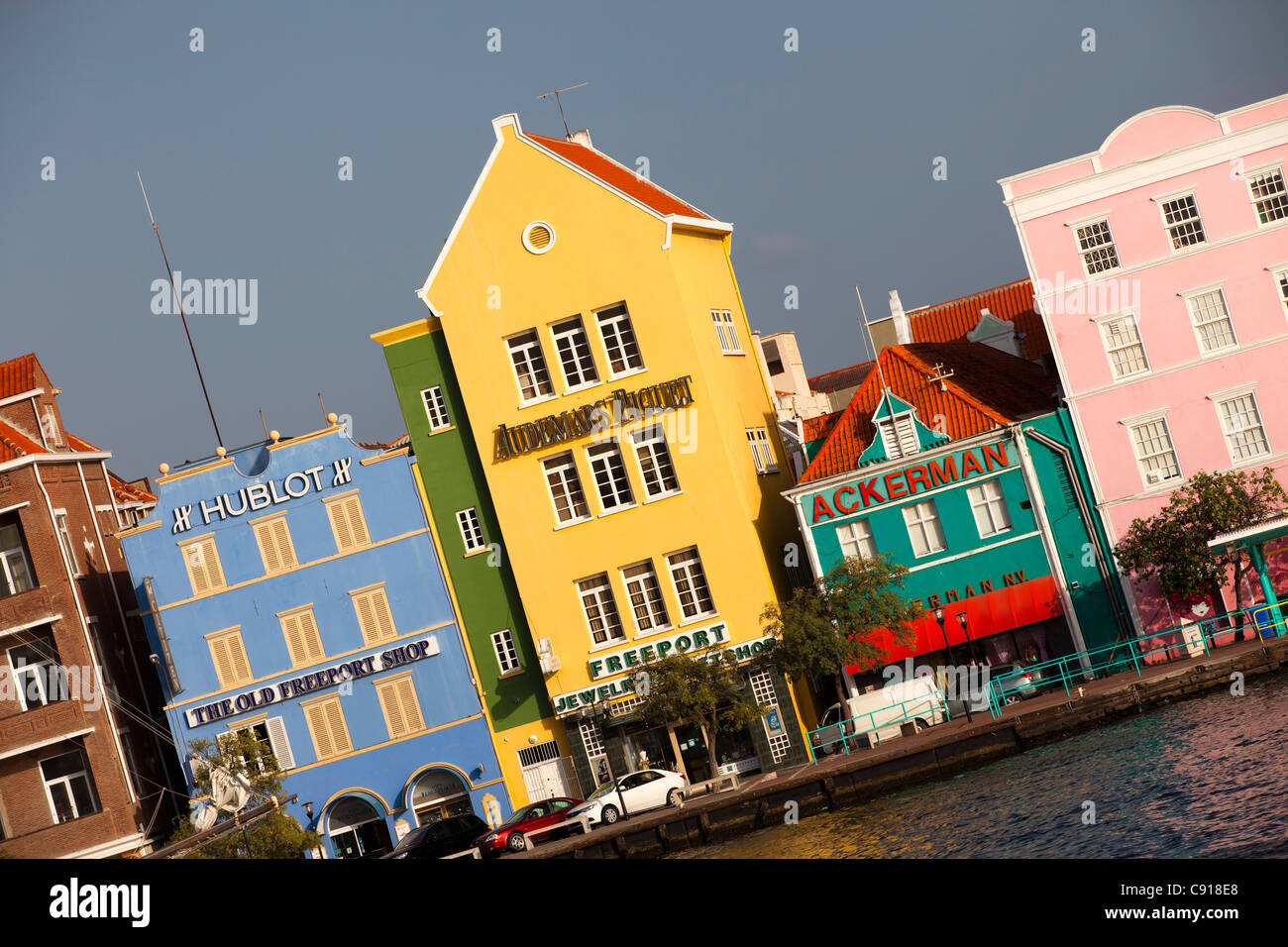 Curacao, Caribbean island, Netherlands. Willemstad. Punda quarter. Historic houses on waterfront. Stock Photo