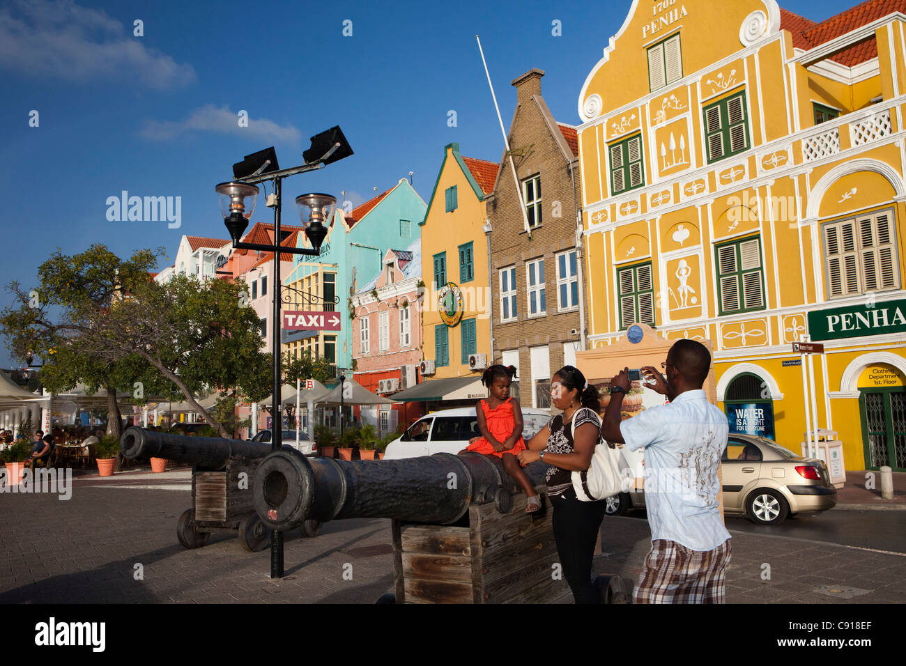 Curacao, Caribbean island, Netherlands. Willemstad. Punda quarter. Historic houses on waterfront. Stock Photo