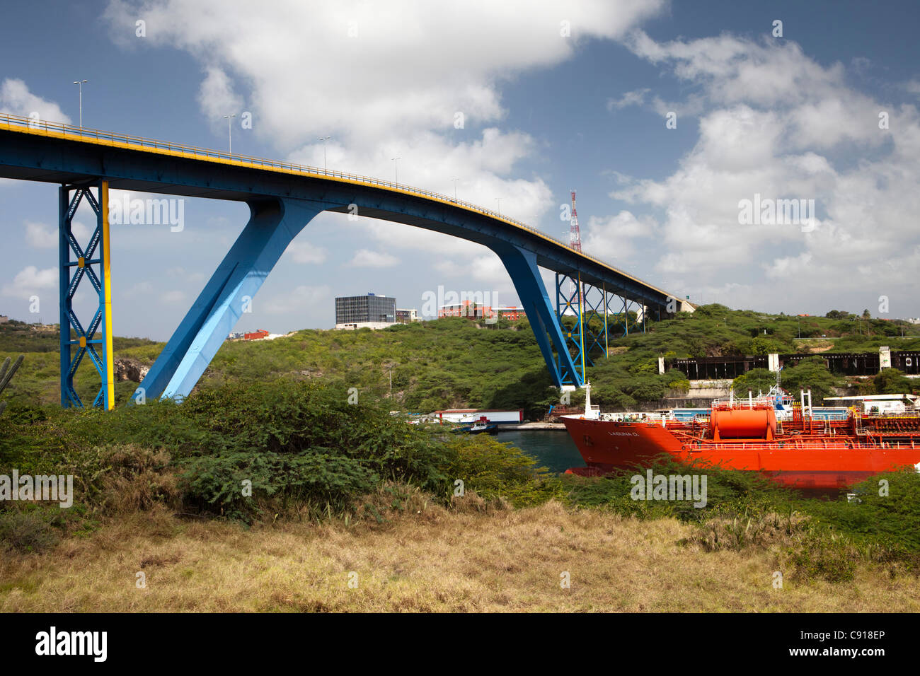 Curacao, Caribbean island, independent from the Netherlands since 2010. Willemstad. Oil tanker passing Juliana bridge. Stock Photo