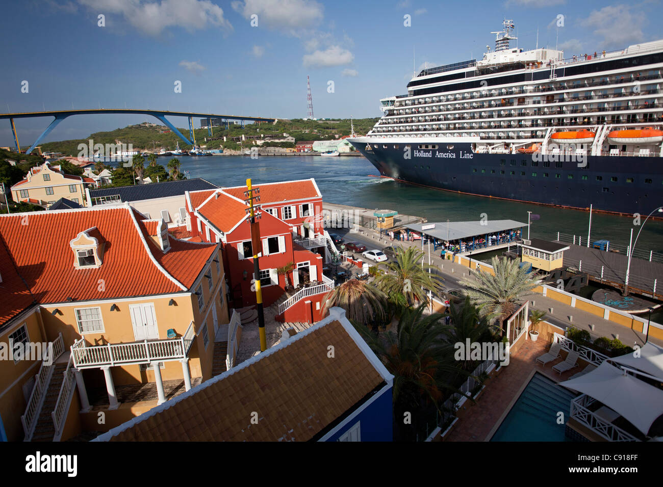 Curacao, Caribbean island, Willemstad. Cruise ship called Westerdam. Holland America Line. Juliana bridge. Hotel Kura Hulanda. Stock Photo