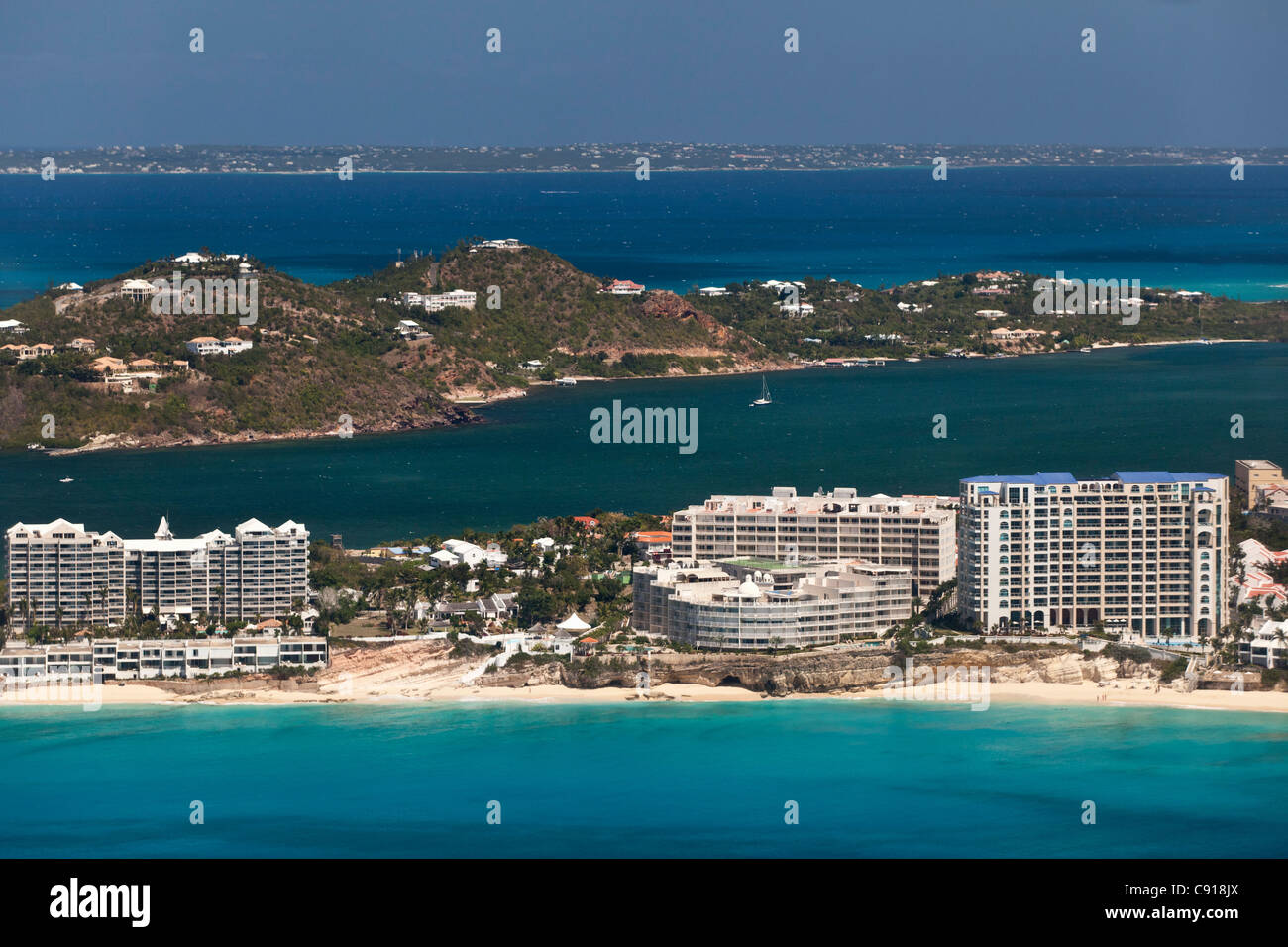 Sint Maarten, Caribbean island, independent from the Netherlands since 2010. Philipsburg. Simpson Bay and Lagoon. Aerial. Stock Photo