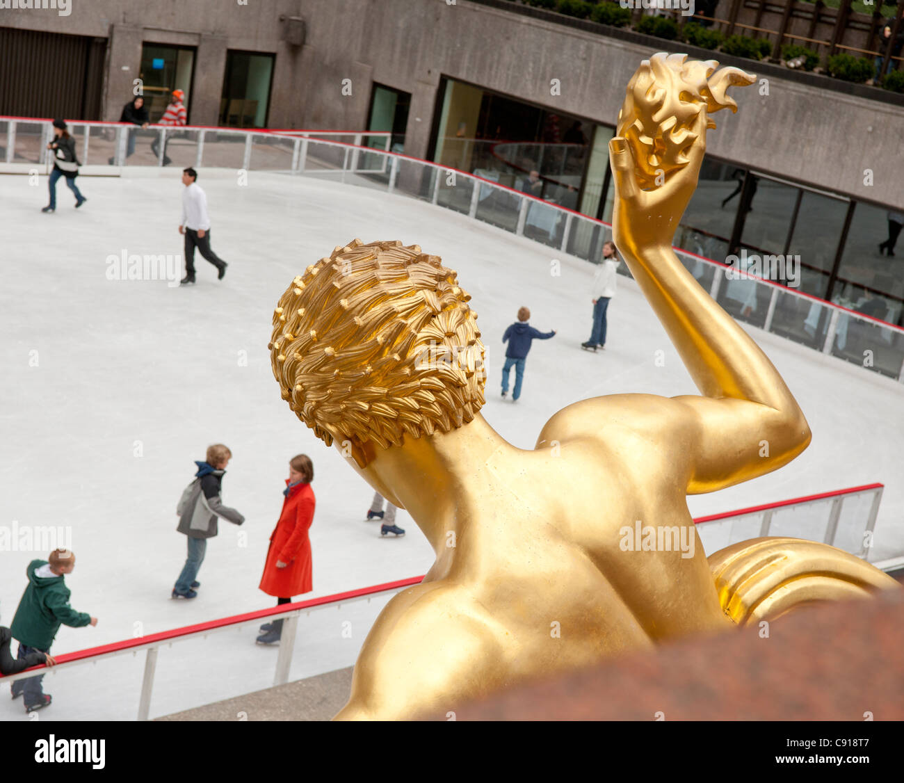 The Prometheus Statue Rockefeller Center in New York is located at the back of the world famous ice rink which is open Stock Photo