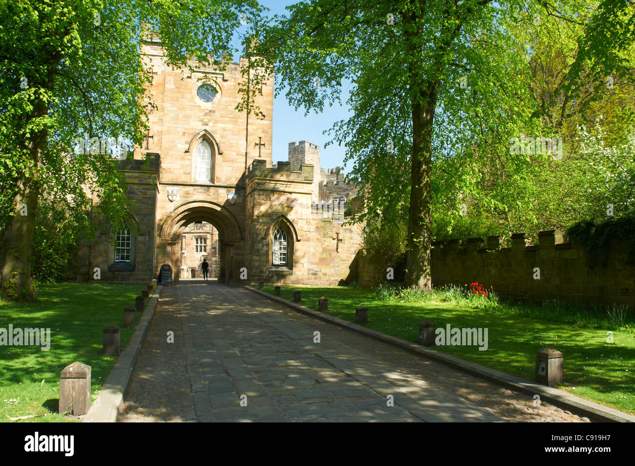 Durham Castle is a historic building and a former bishop's palace which is now a  museum and part of the university as Stock Photo