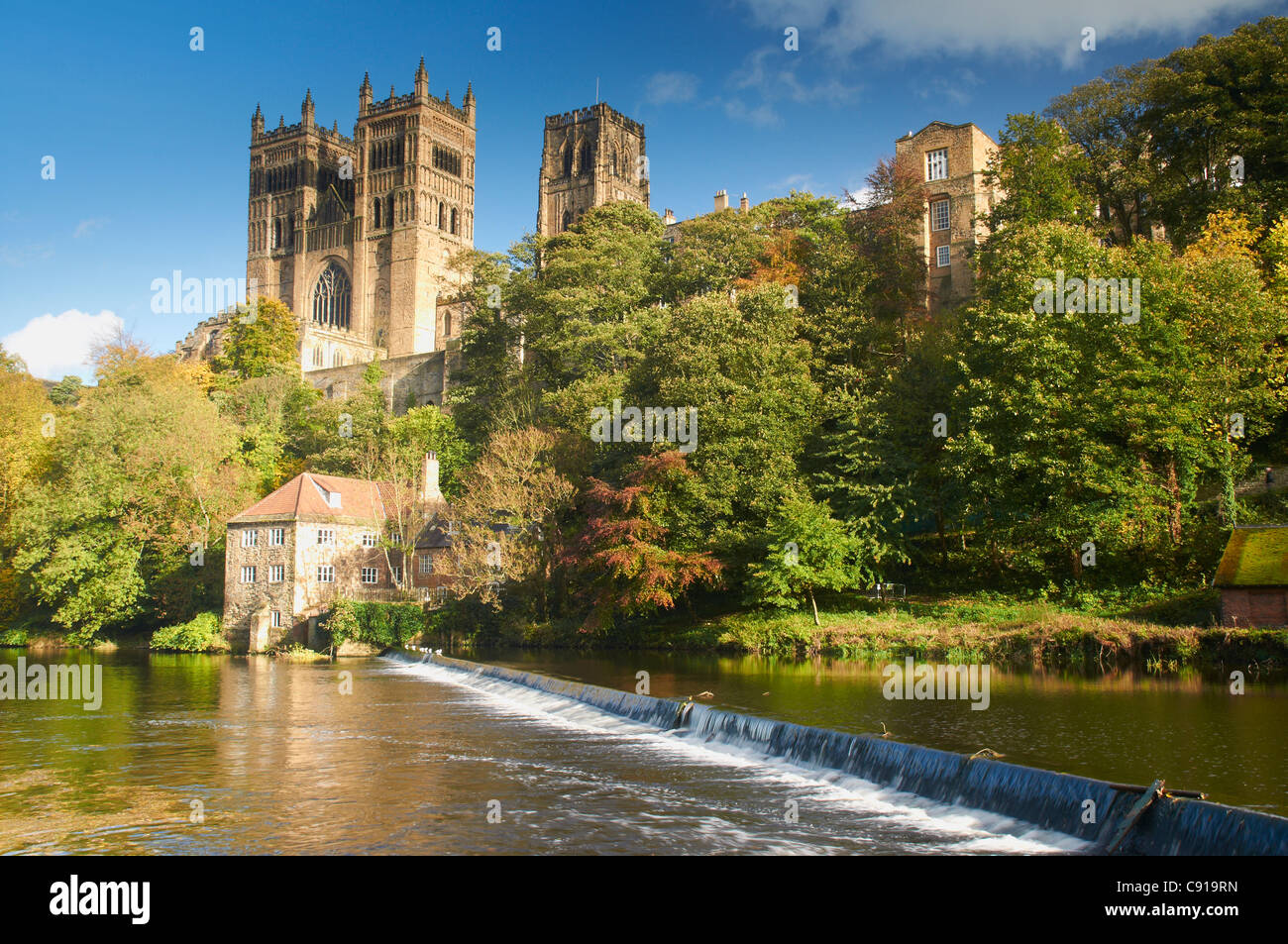 Durham Cathedral dominates the city of Durham. The tall towers of the Norman cathedral can be seen from all around the city. Stock Photo