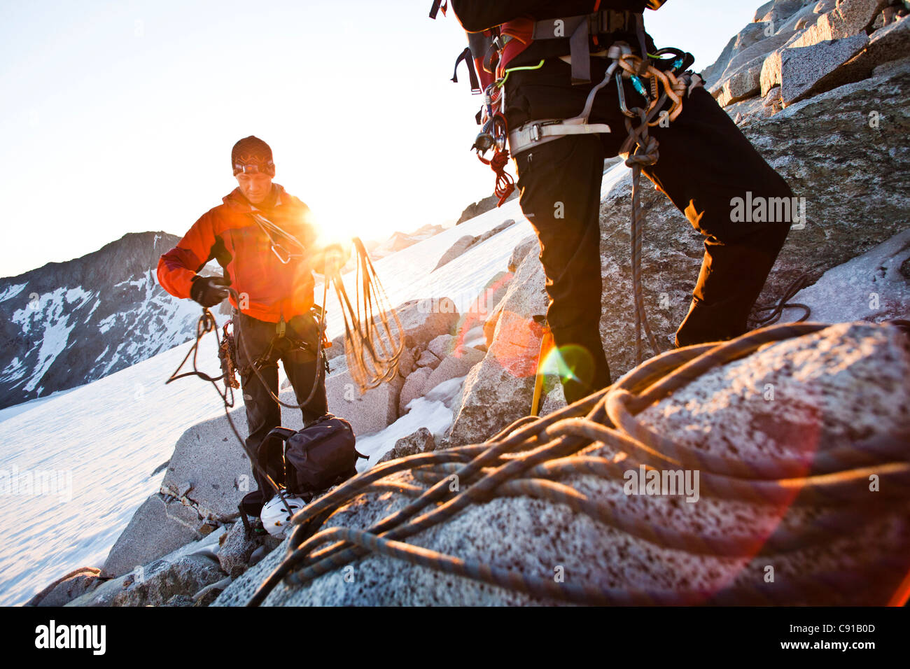 Mountaineers at north ridge, Grossvenediger, Venetian mountain range, Salzburg, Austria Stock Photo