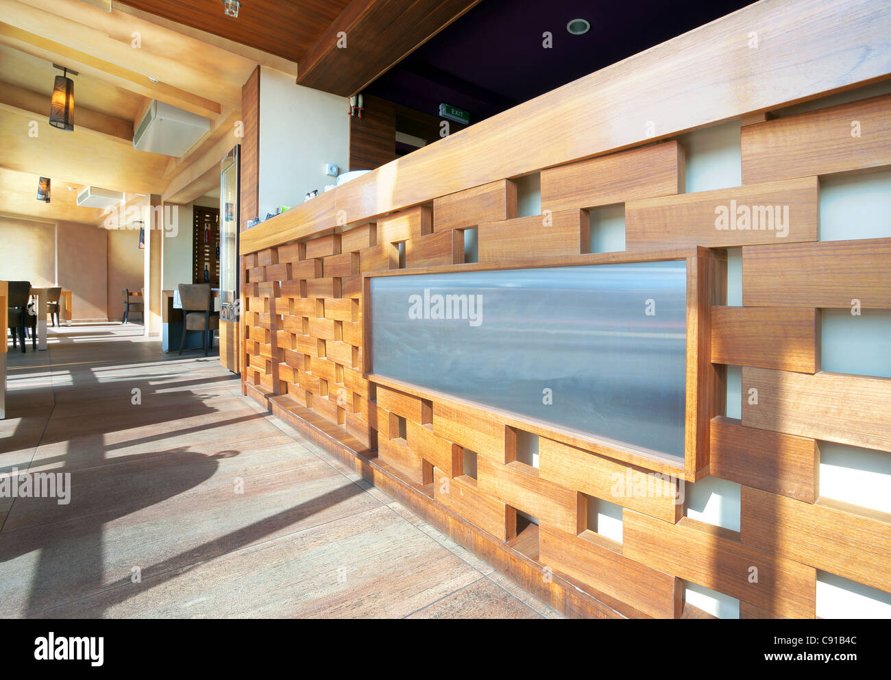 Cafe interior, details of a modern wooden bar Stock Photo - Alamy