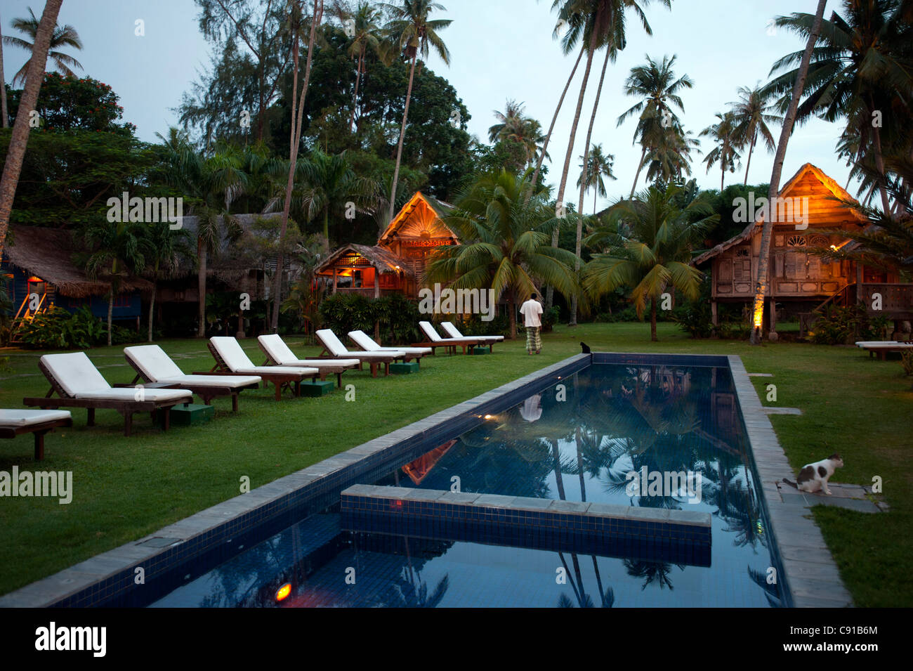 Pool and sunloungers beneath palm trees, Bon Ton Resort, Lankawi Island, Malysia, Asia Stock Photo