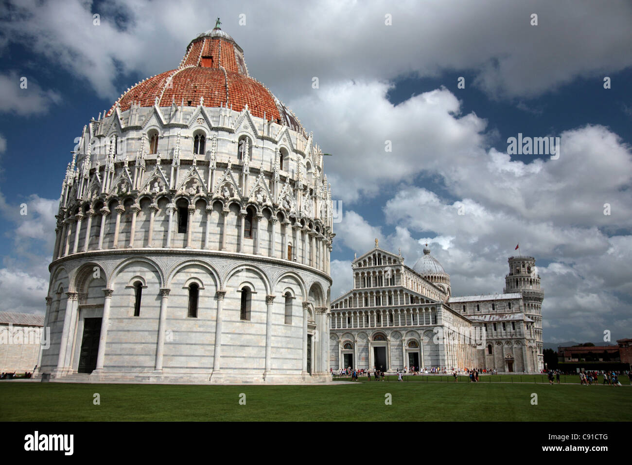 The Baptistry of St. John is a religious building in the Piazza dei Miracoli a wide walled area in the centre of Pisa set in a Stock Photo