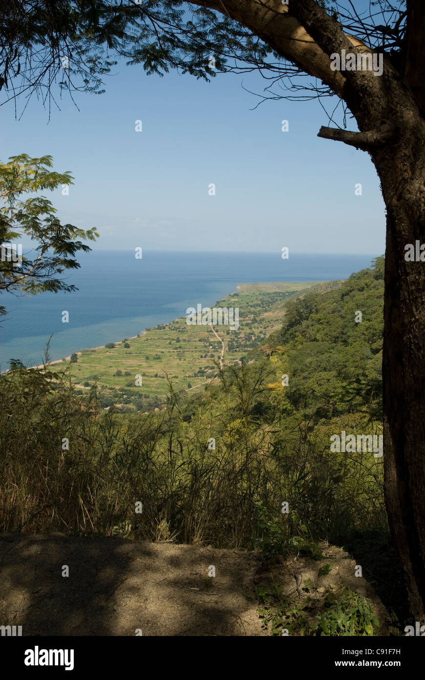 Views of the Nyika plateau down Lake Malawi's western shoreline can be seen from the M1 road near Ruarwe. Stock Photo