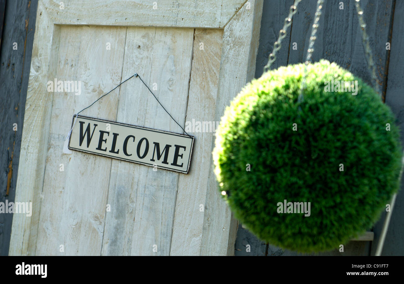 Welcome sign on the entrance to an exhibitors trade stand at the  Edenbridge and Oxted Agricultural Show Stock Photo