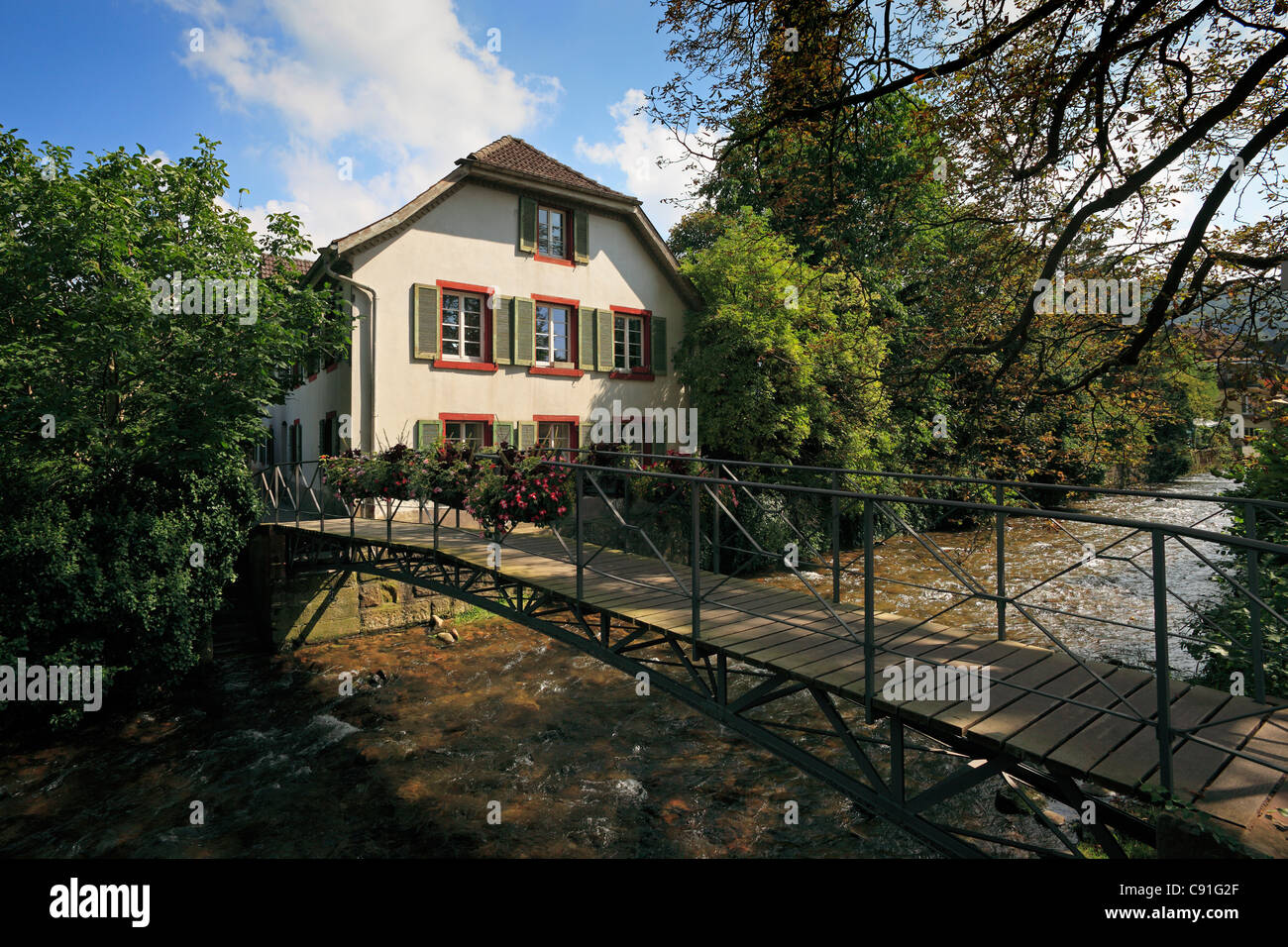 House And Bridge Over Neumagen Rivulet Staufen Im Breisgau Stock