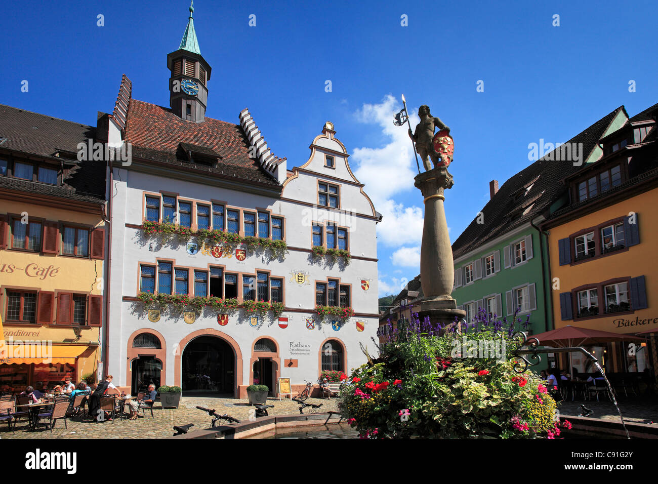 Fountain and city hall at the market place Staufen im Breisgau Breisgau-Hochschwarzwald Black Forest Baden-Wuerttemberg Germany Stock Photo