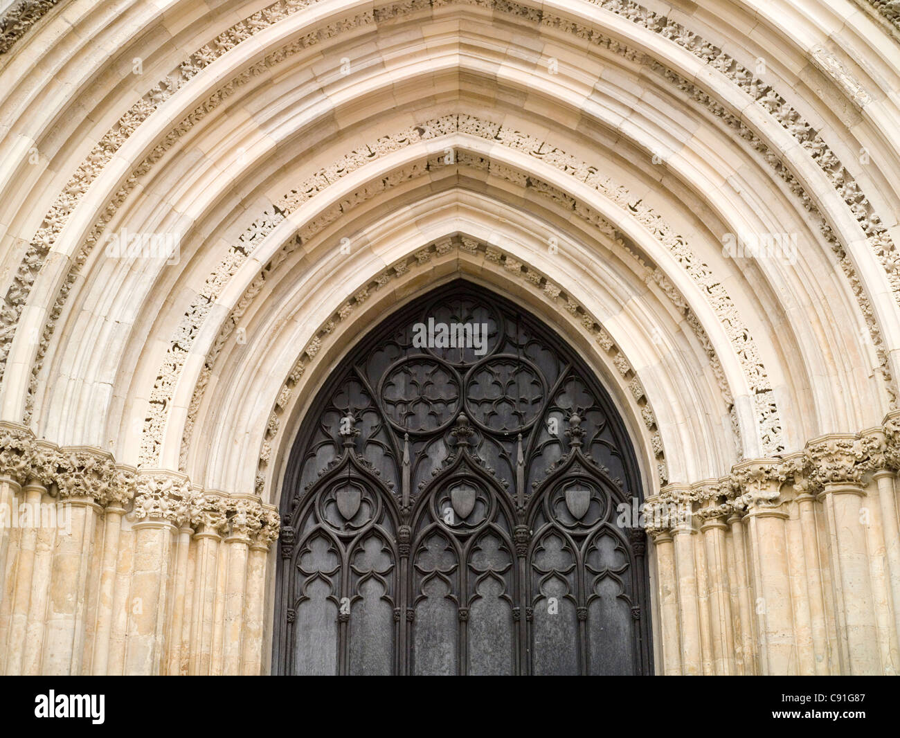 York Minster's fine architecture houses an amazing array of arched entrances and doors, typical of the grand Norman style. Stock Photo