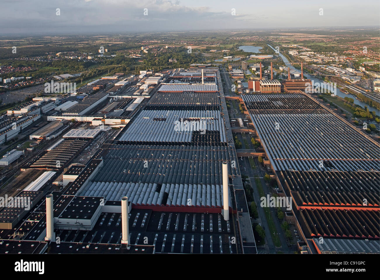 Aerial view of the Volkswagen plant with factory halls and canal, Wolfsburg, Lower Saxony, Germany Stock Photo