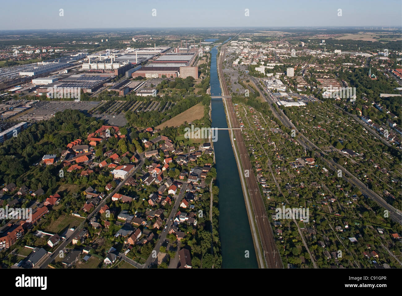 Aerial view of Volkswagen Autostadt, Canal and surrounding area, Wolfsburg, Lower Saxony, Germany Stock Photo