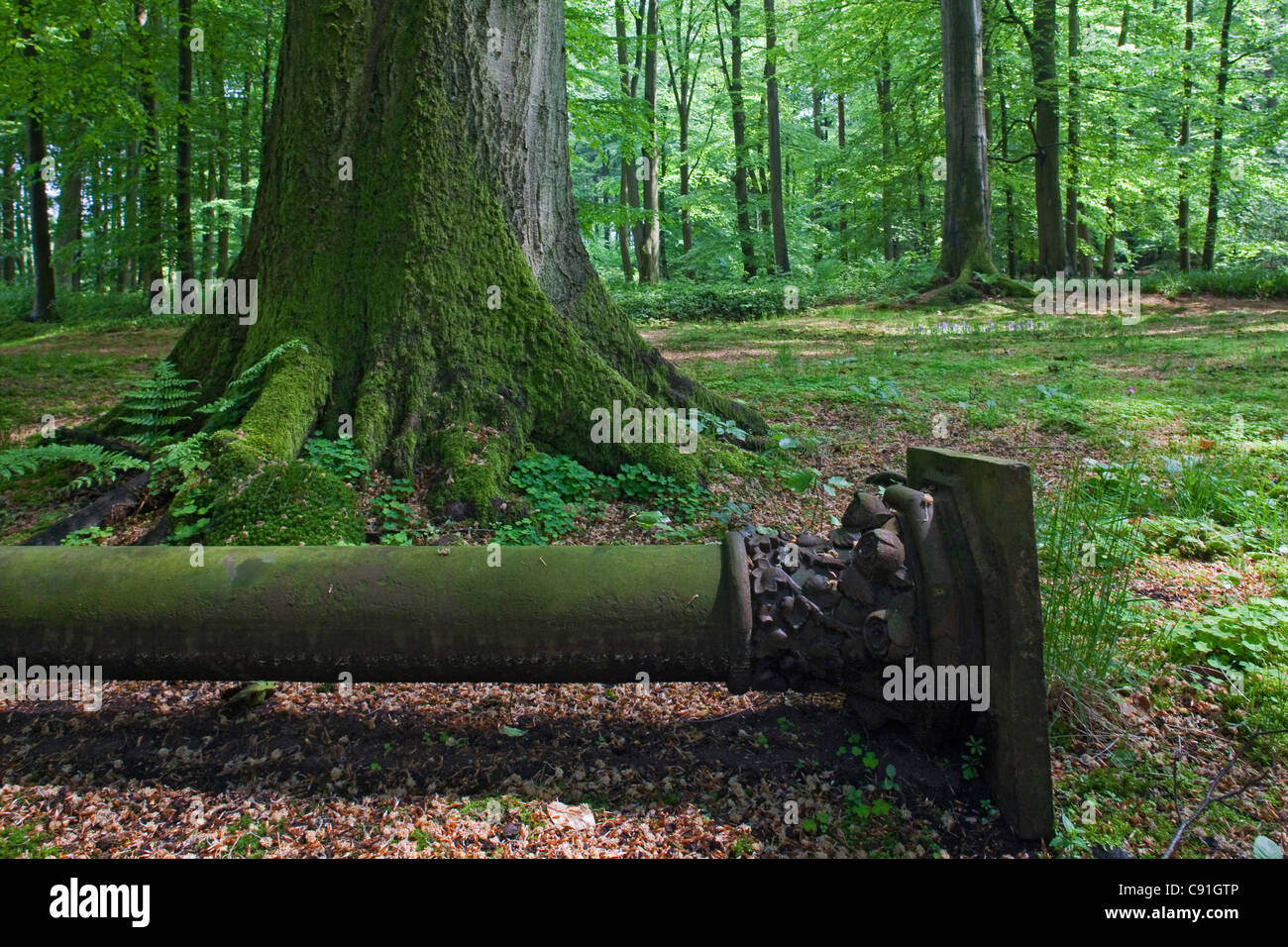 Pillar lying in a private garden von Duering, Horneburg, Lower saxony, Germany Stock Photo