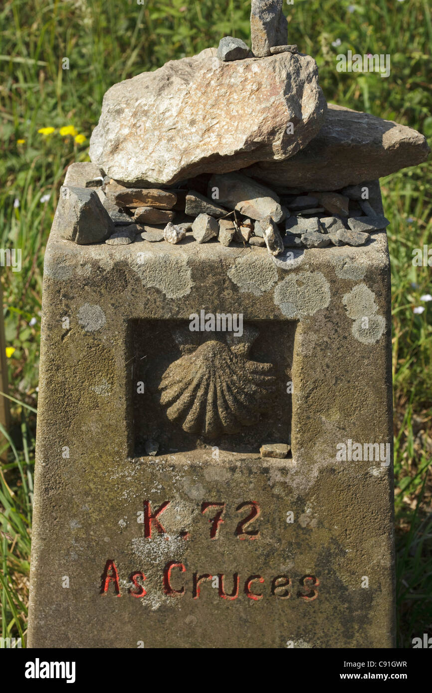 Landmark with scallop symbol, Province of Lugo, Galicia, Northern Spain, Spain, Europe Stock Photo