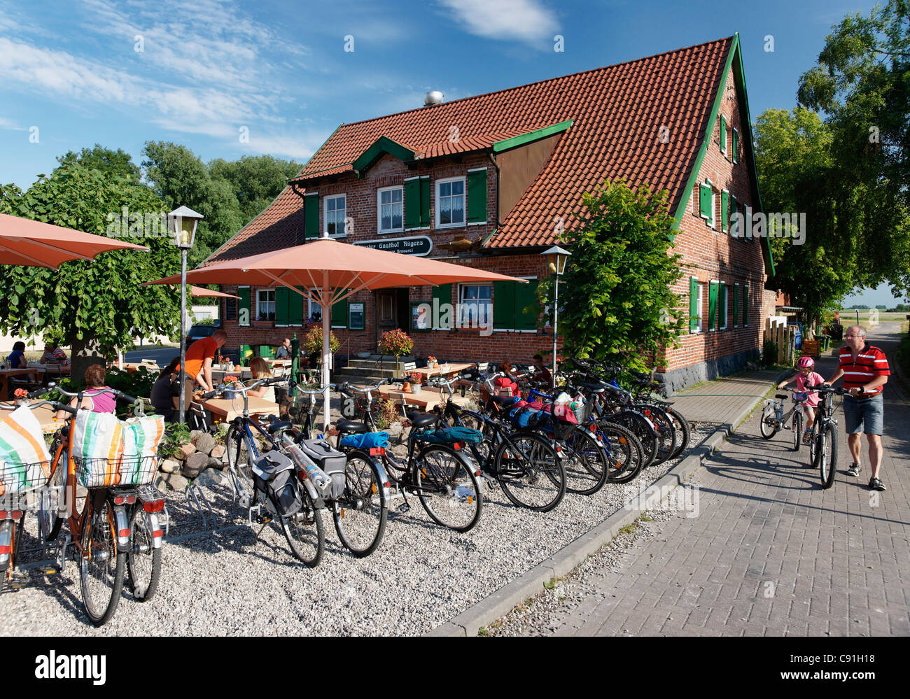 Bicycles in front of the restaurant Zur Linde, Middelhagen, Moenchgut, Ruegen, Mecklenburg-Western Pomerania, Germany, Europe Stock Photo