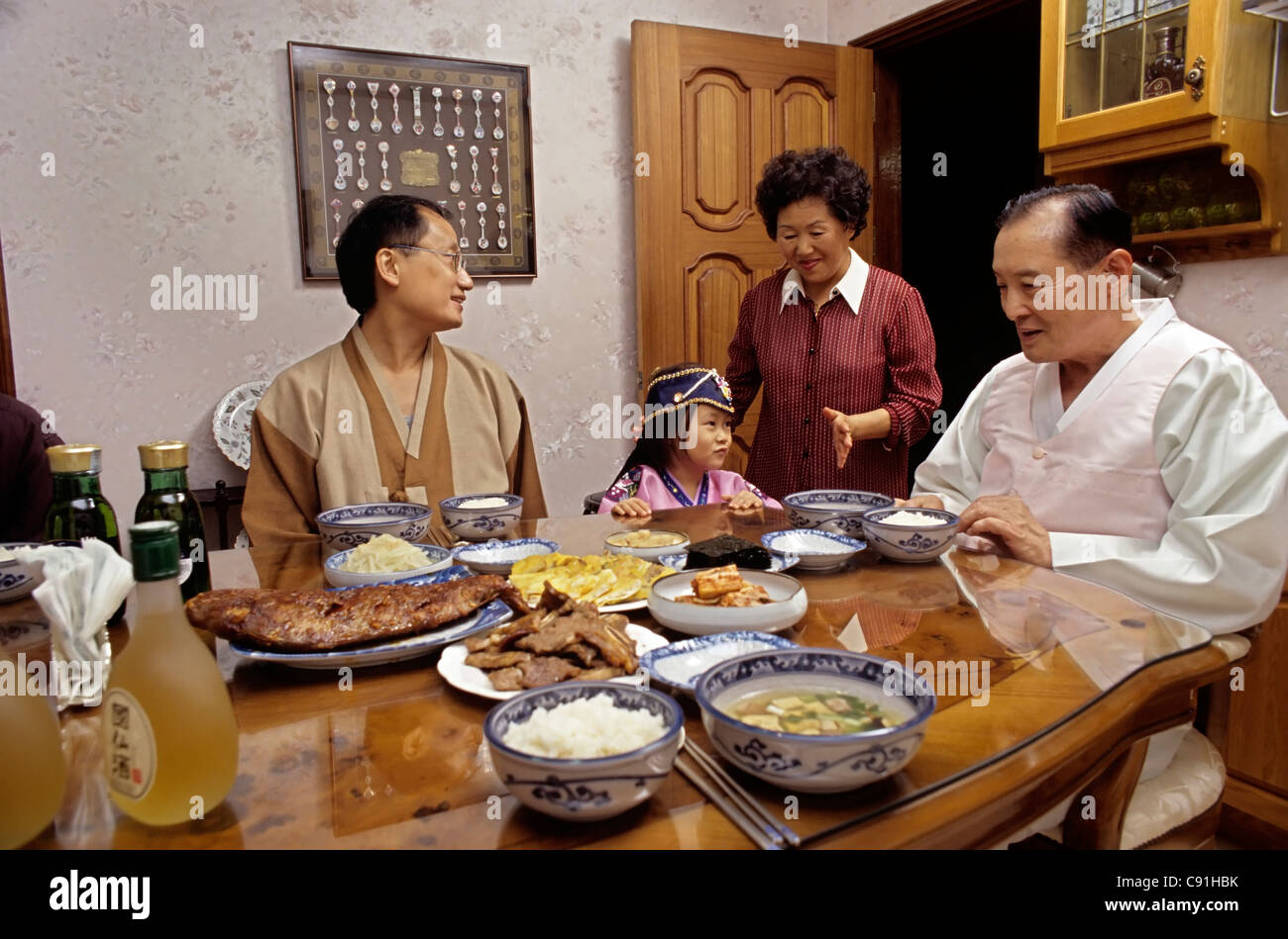 Lunch with traditional dressing for chuseok celebration, Daegu, South Korea Stock Photo