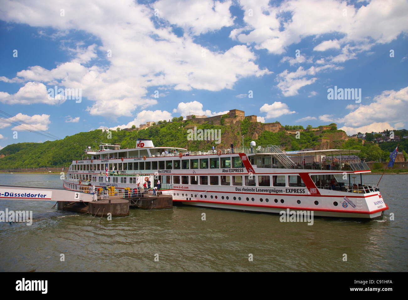 Jetty, Adenauer bank, Ship, Tourist boat, Festung Ehrenbreitstein, Koblenz, Rhine, Mosel, Rhineland-Palatinate, Germany, Europe Stock Photo