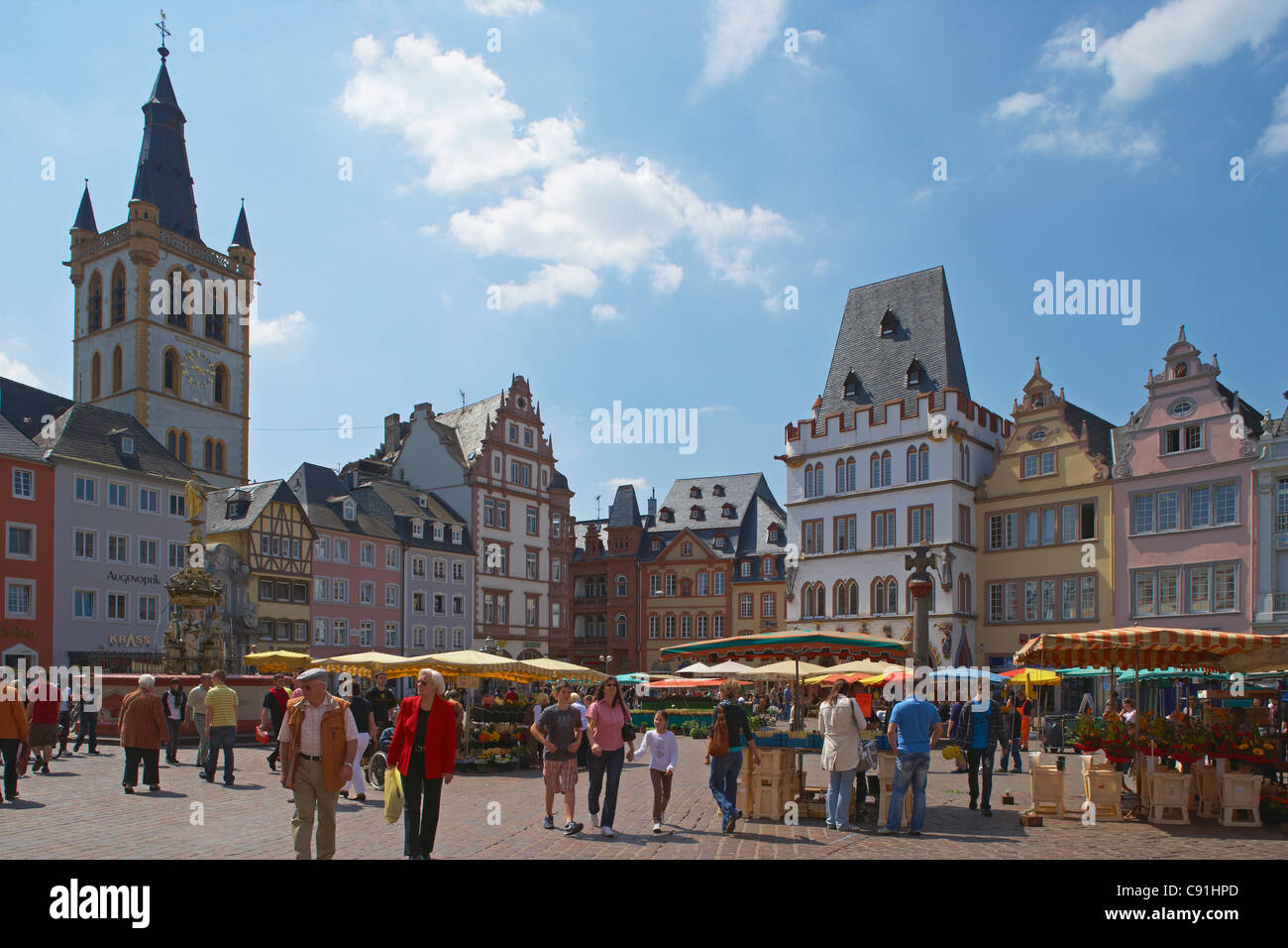 Main market with St. Gangolf and Steipe, Trier, Mosel, Rhineland-Palatinate, Germany, Europe Stock Photo