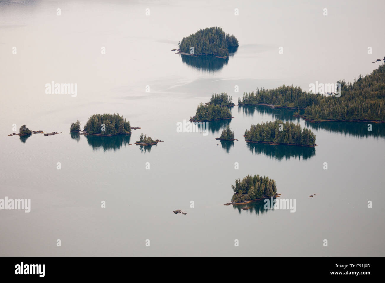 Aerial view of small islands near Siwash Bay, Unakwik Inlet, Prince William Sound, Southcentral Alaska, Summer Stock Photo