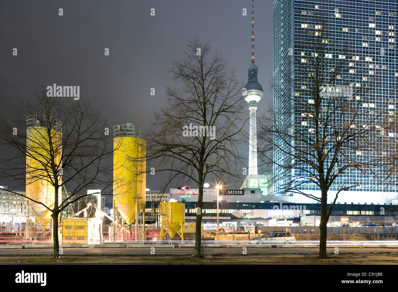 Alexanderplatz at night, Fernsehturm, TV tower in the background, Berlin Mitte, Berlin, Germany, Europe Stock Photo