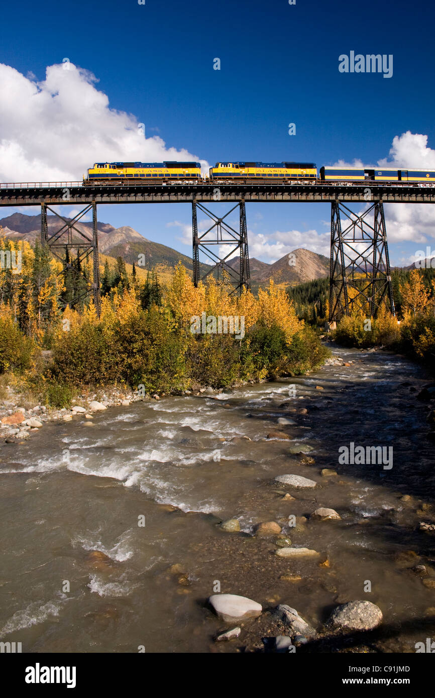 Riley Creek flows under the trestle as a northbound Alaska Railroad passenger train crosses a trestle, Southcentral Alaska Stock Photo