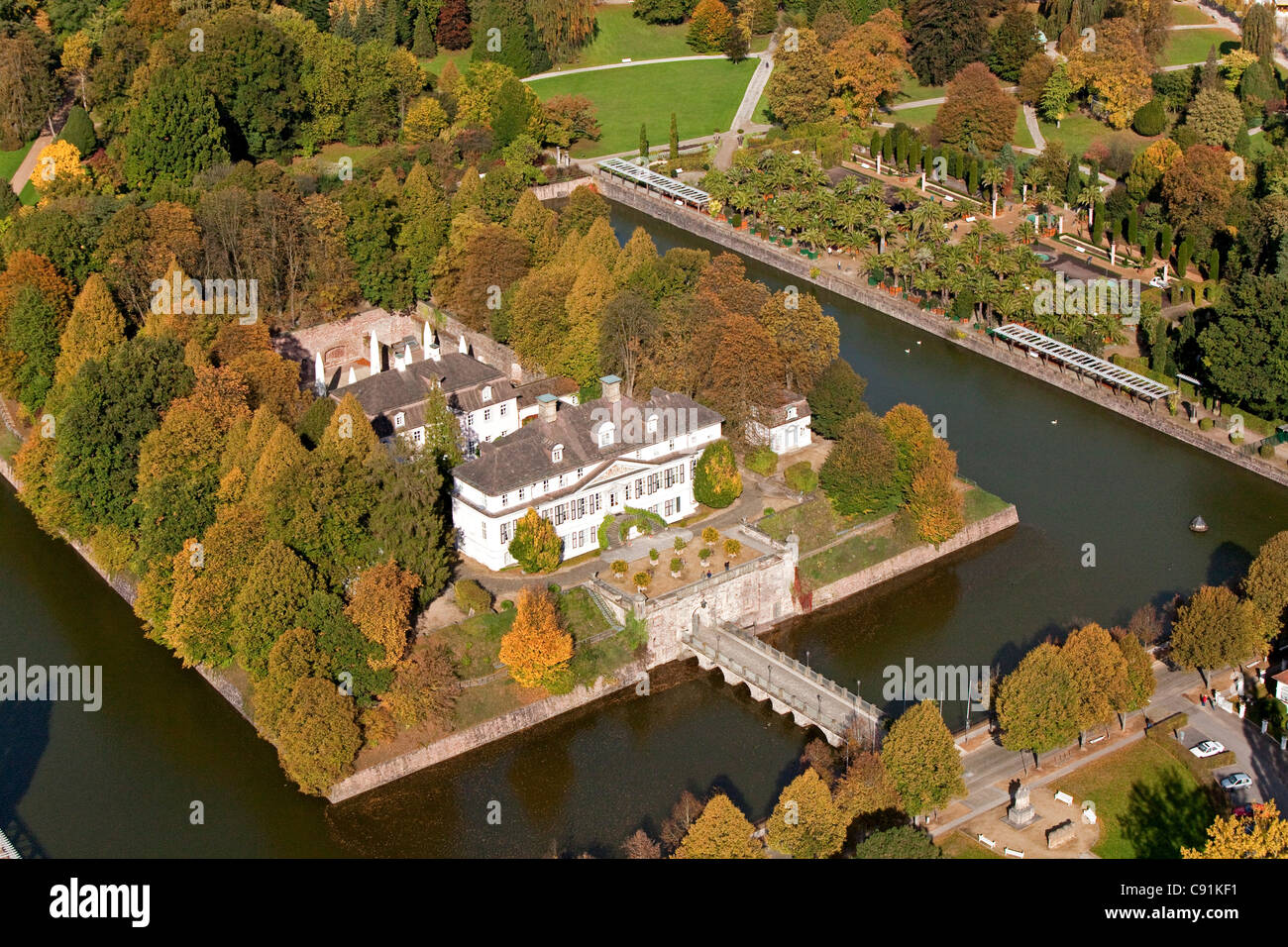 Aerial view of Bad Pyrmont castle and gardens, moat and palm garden, Lower Saxony, Germany Stock Photo