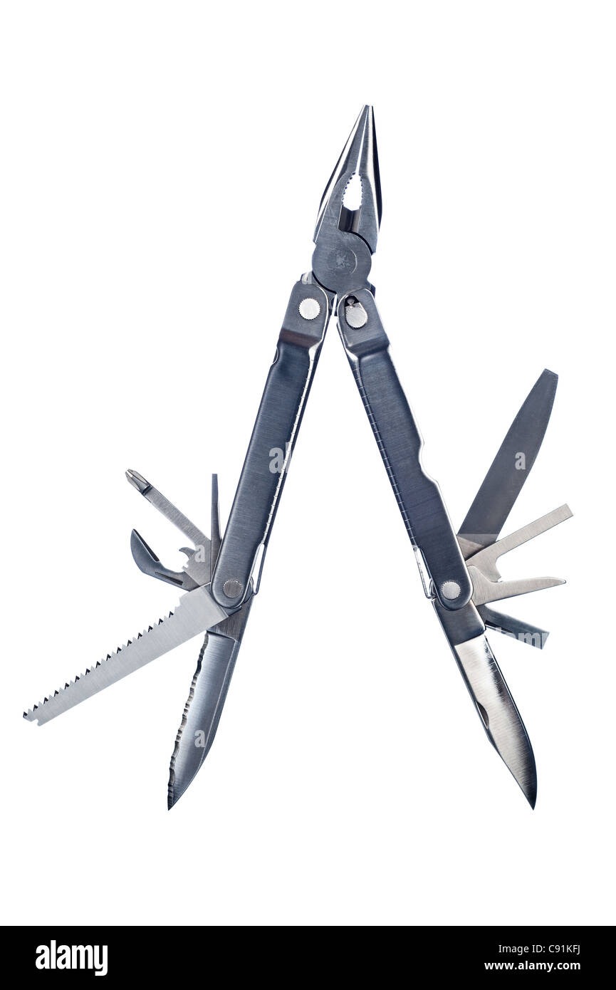 A small, stainless steel, portable multi purpose work tool with pliers, knife, saw and can opener. Stock Photo