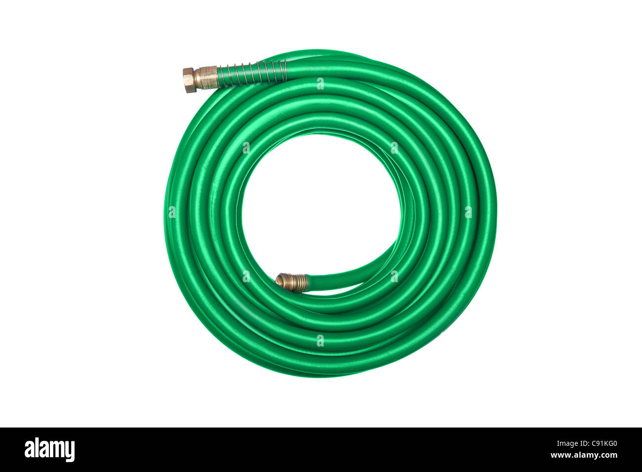 A new green coiled rubber hose isolated on white. Stock Photo