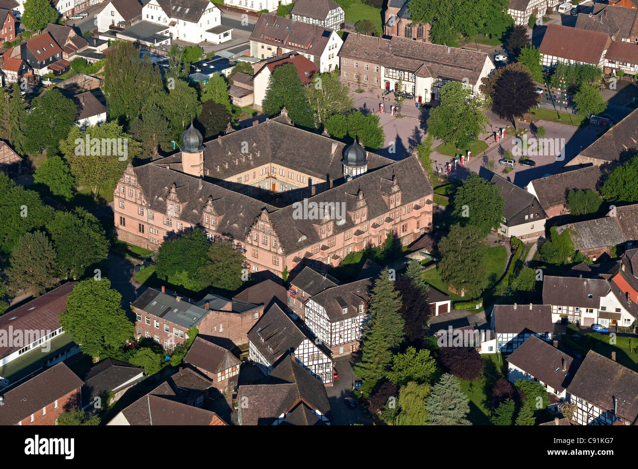aerial of Bevern castle, half-timbered houses, Lower Saxony, Germany Stock Photo