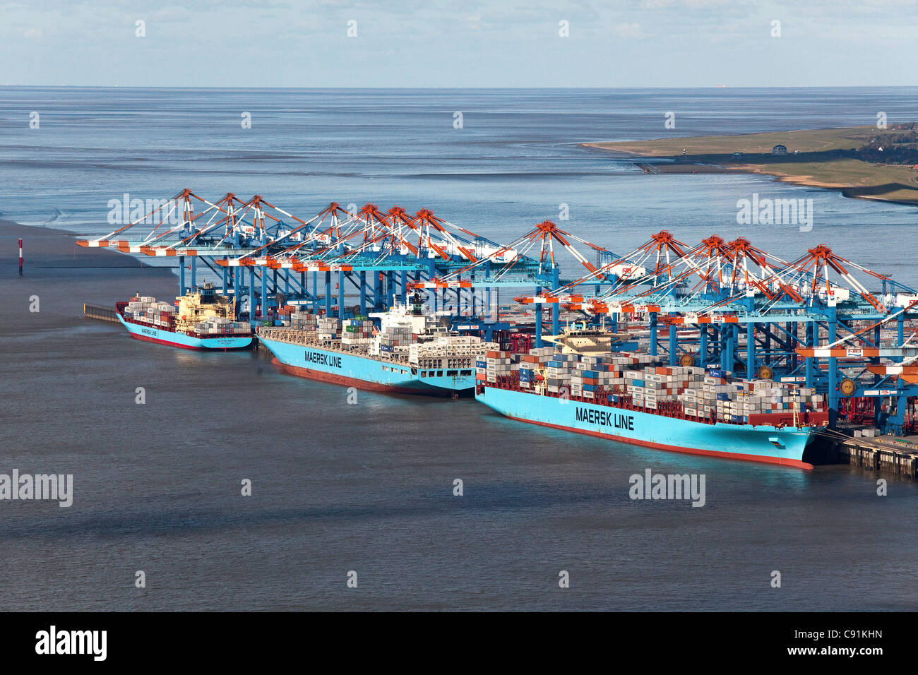 Aerial view of the container port with loading cranes and container ships, terminal, Bremerhaven, Bremen, Germany Stock Photo