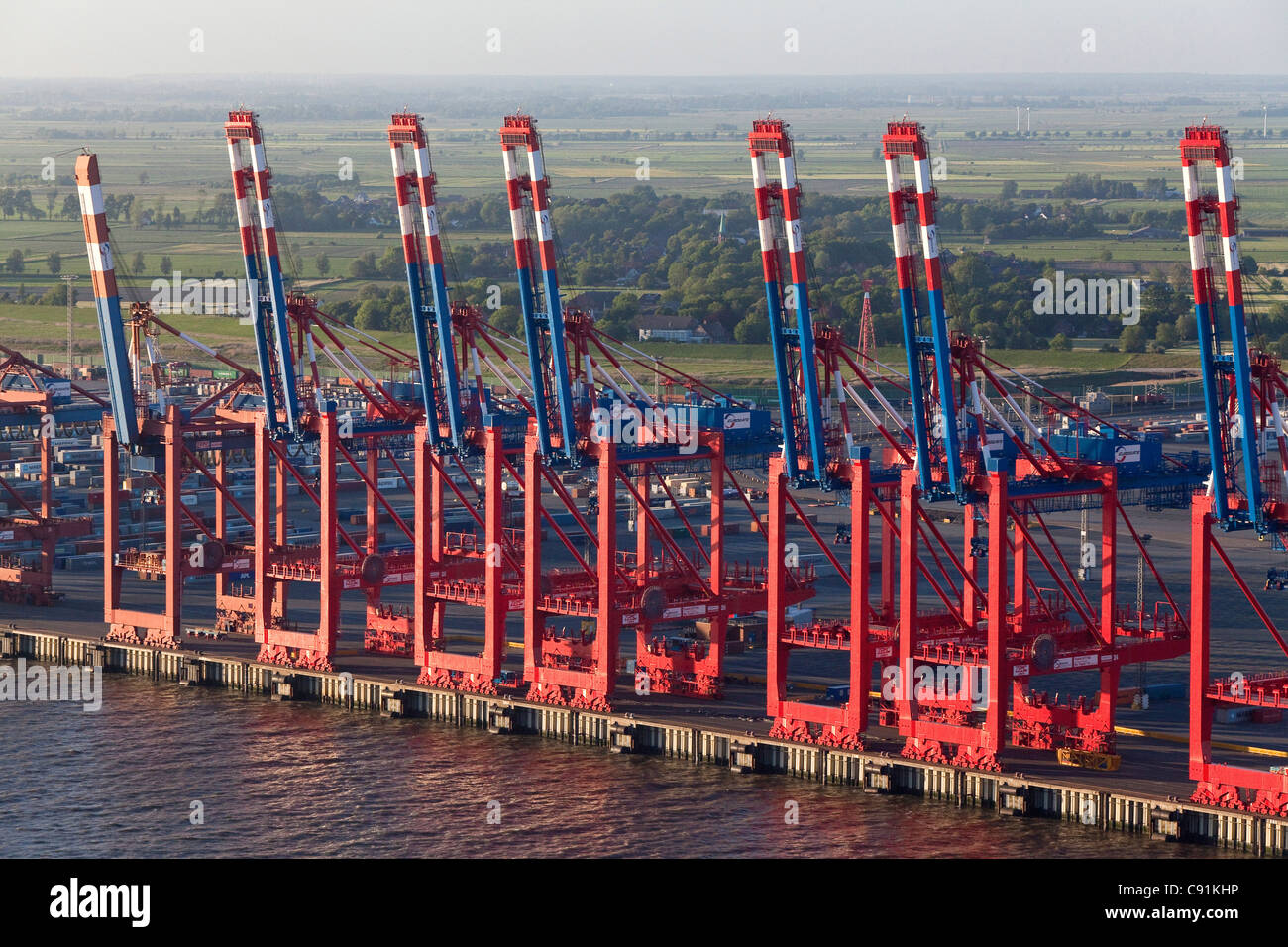 Aerial view of the container port terminal with gantry cranes, Bremerhaven, Bremen, Germany Stock Photo