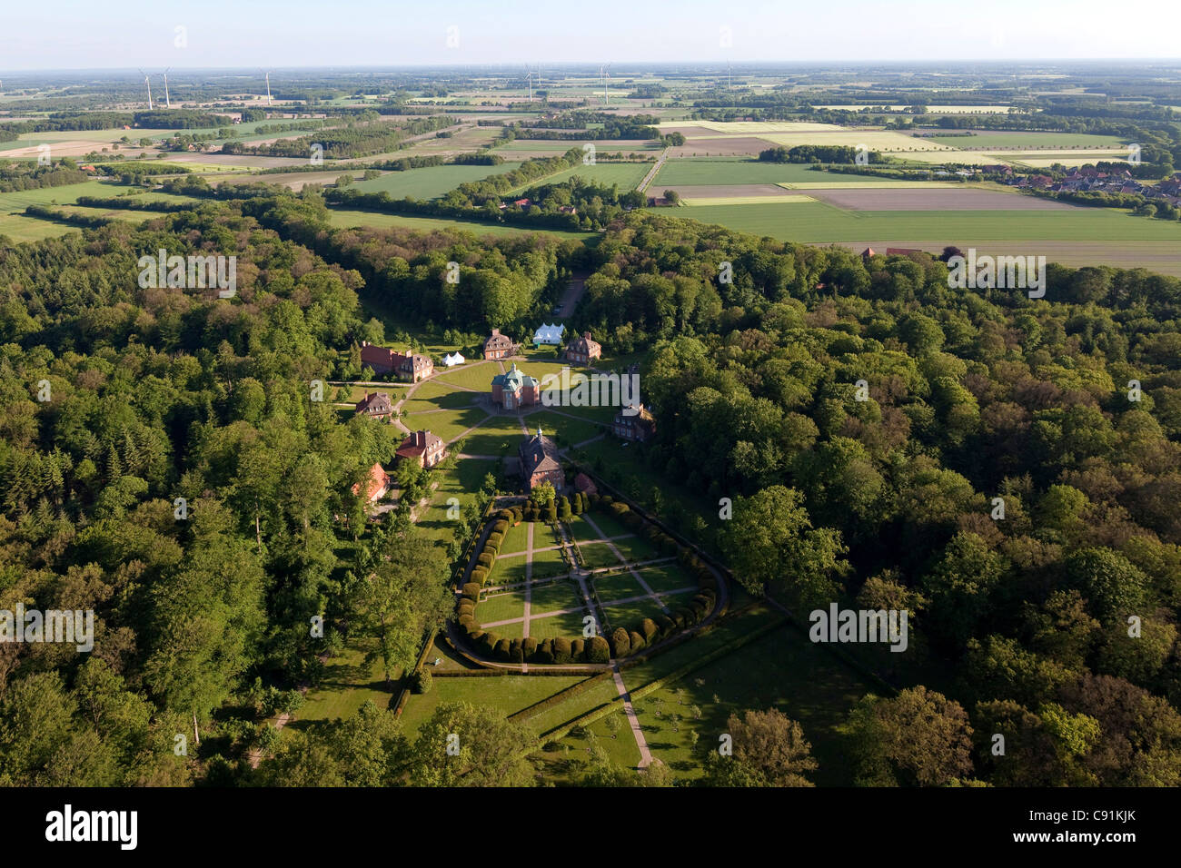 Aerial view of Clemenswerth palace and hunting lodge with park landscape eight pavillions are grouped together in the form of a Stock Photo