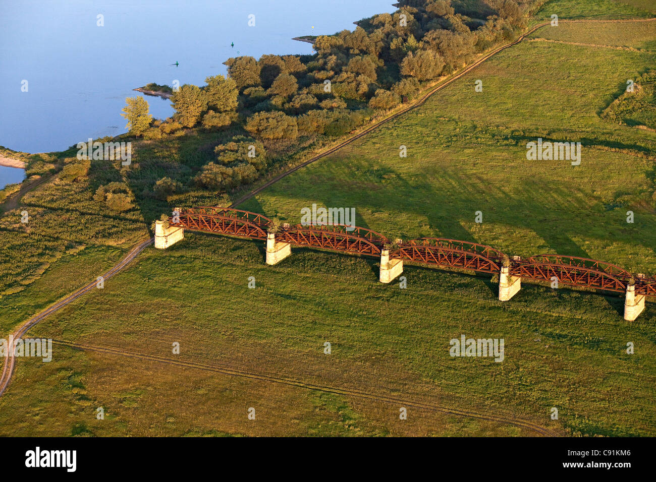 Aerial view of the Doemitz railway bridge monument, near Doemitz, bombed in 1945, former German border, Lower Saxony, Germany Stock Photo