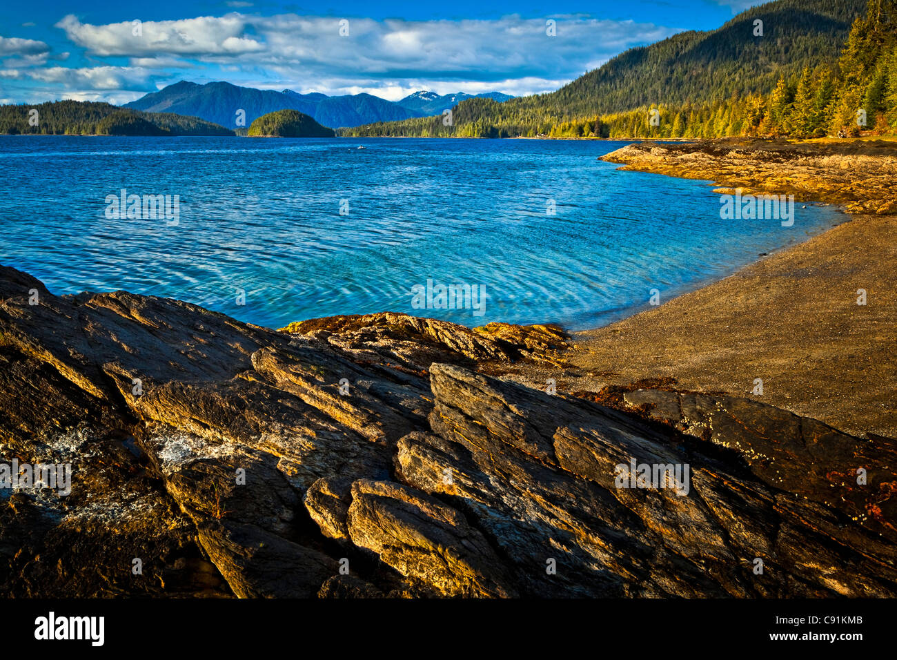 Sunlit rocks line the blue waters of Settler's Cove, Settler's Cove
