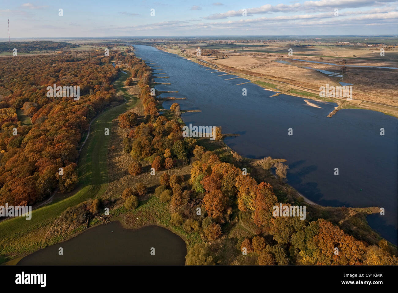 Aerial view of the River Elbe near Schnackenburg, Autumn forest, Schnackenburg, Lower Saxony, Germany Stock Photo