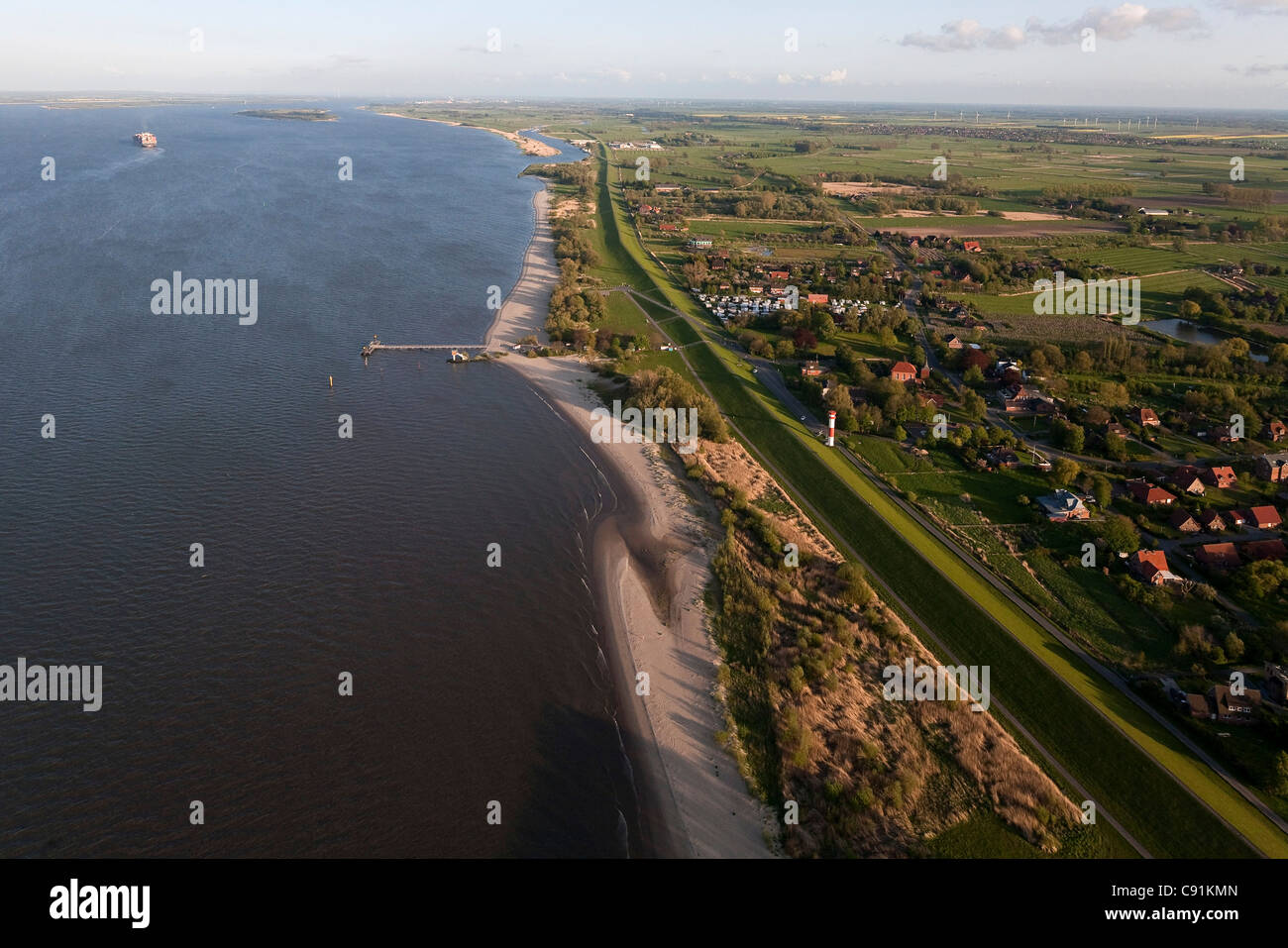 Aerial of the River Elbe, near Krautsand, Lower Saxony, Germany Stock Photo