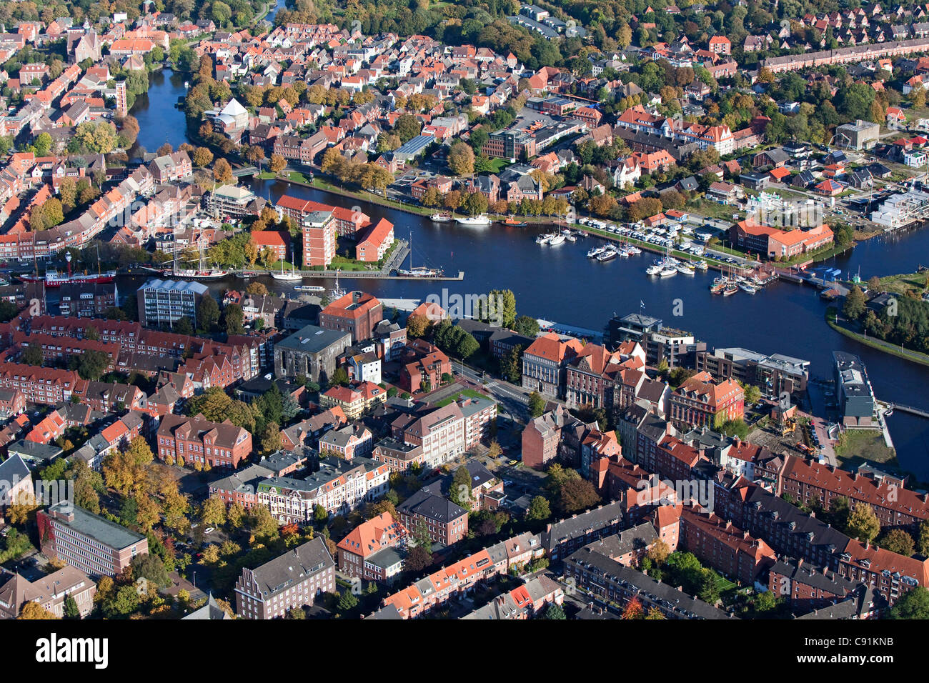 Aerial view of Emden harbour and the old town, Emden, Lower Saxony, Germany Stock Photo