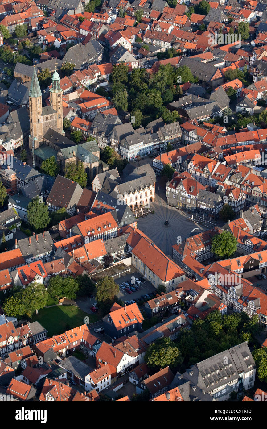 Aerial photo of the Church of St Cosmas and Damian town hall and market square in the historic town of Goslar Harz region Lower Stock Photo