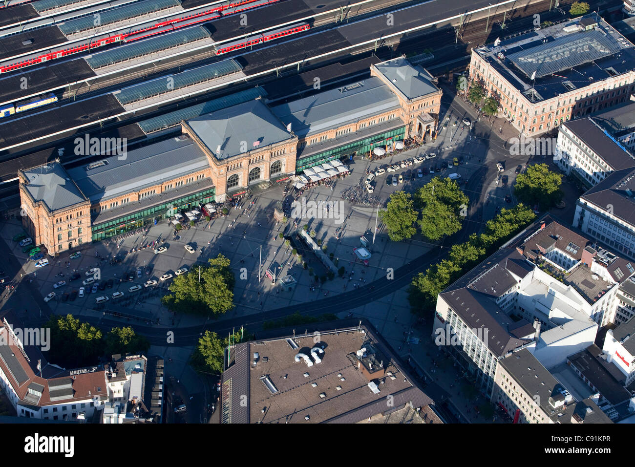 Aerial of the main railway station, Ernst August Platz, Hannover, Lower Saxony, Germany Stock Photo