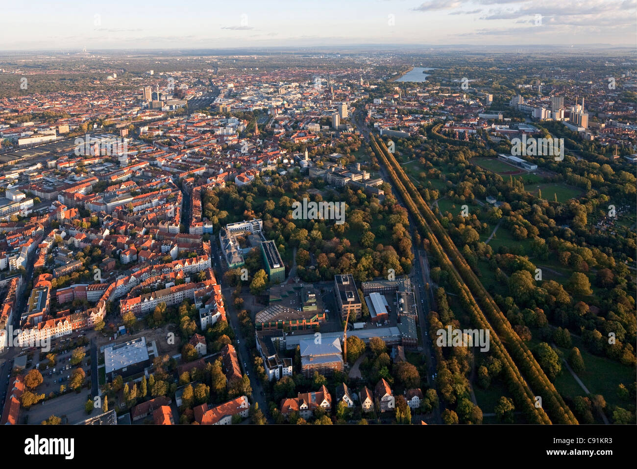Aerial view of Hannover, avenue of trees connecting Herrenhausen Gardens to the inner city, Hannover, Lower Saxony, Germany Stock Photo
