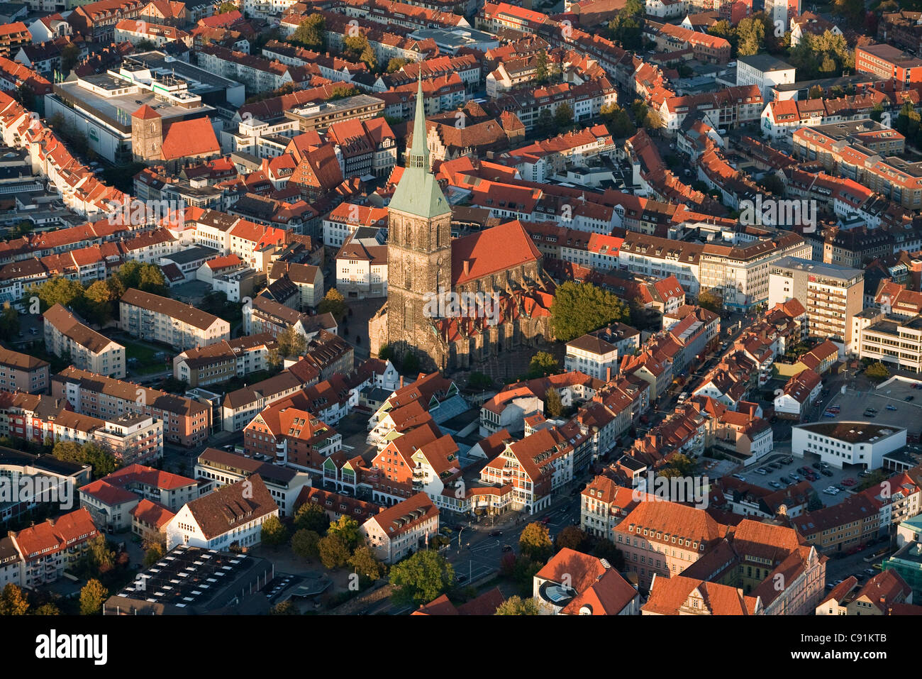Aerial view of the city of Hildesheim St Andreas church tallest Stock