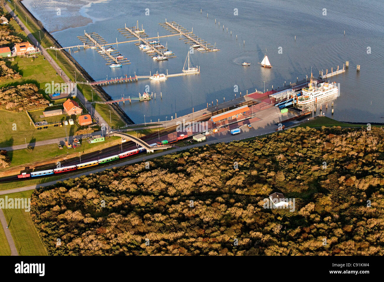 Aerial of ferry dock and island, East Frisian island, Langeoog, Lower saxony, northern Germany Stock Photo