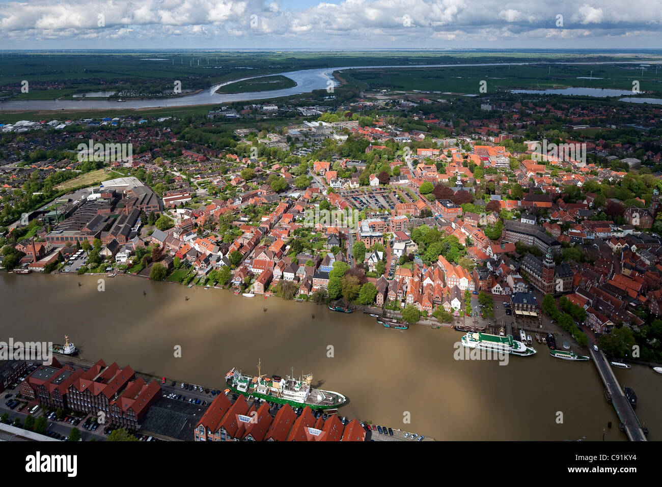 Aerial view of the town of Leer, harbour and town hall bridge, view across to the Ems River Lower Saxony, Germany Stock Photo