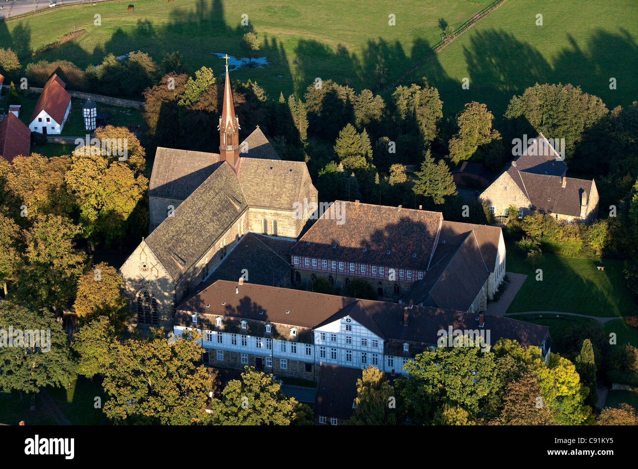 Aerial view of Loccum Abbey, founded in 1163 by Cistercian monks, Lower Saxony, Germany Stock Photo