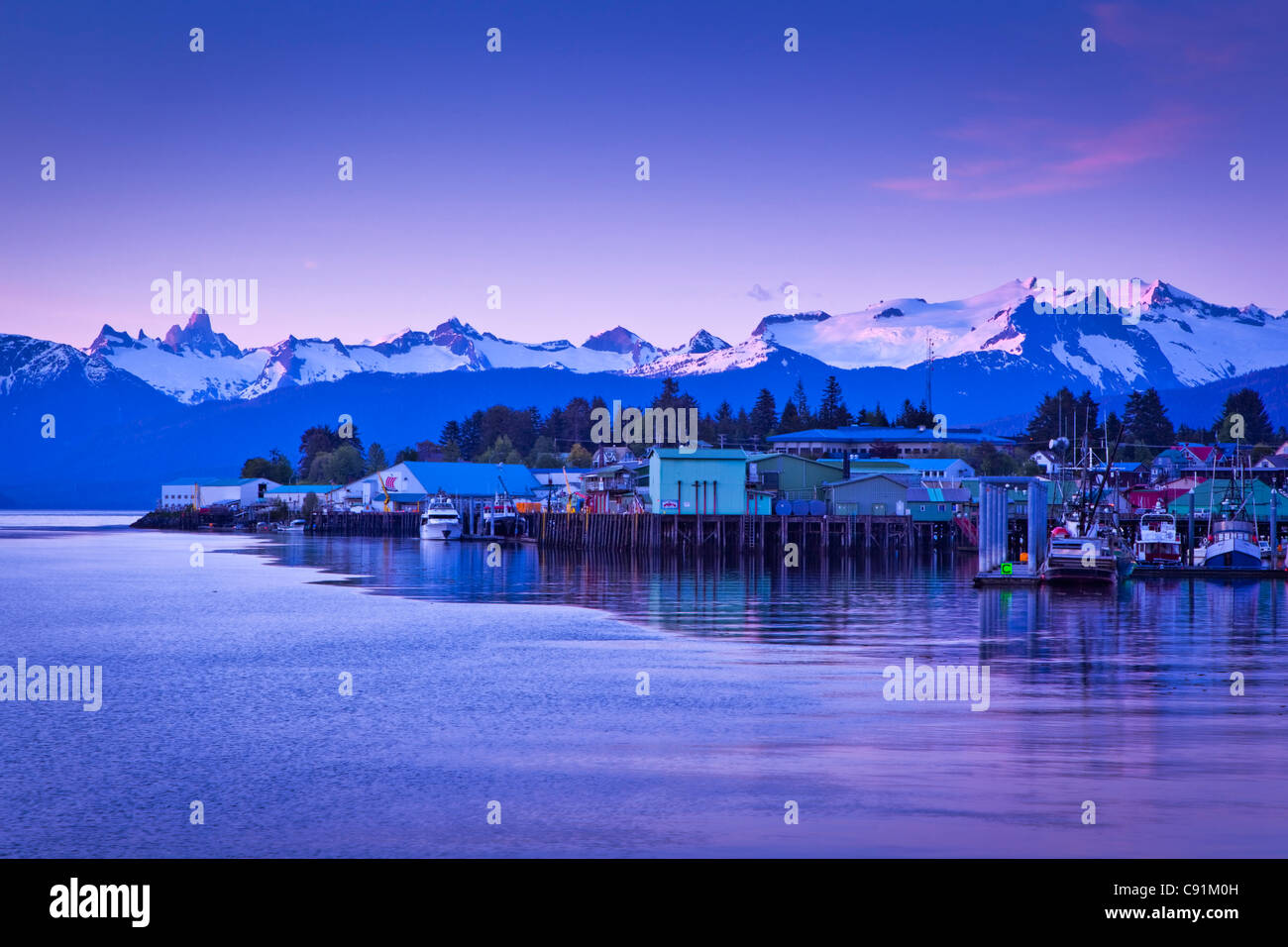 View of North Harbor at dusk, Petersburg, Southeast Alaska, Summer Stock Photo